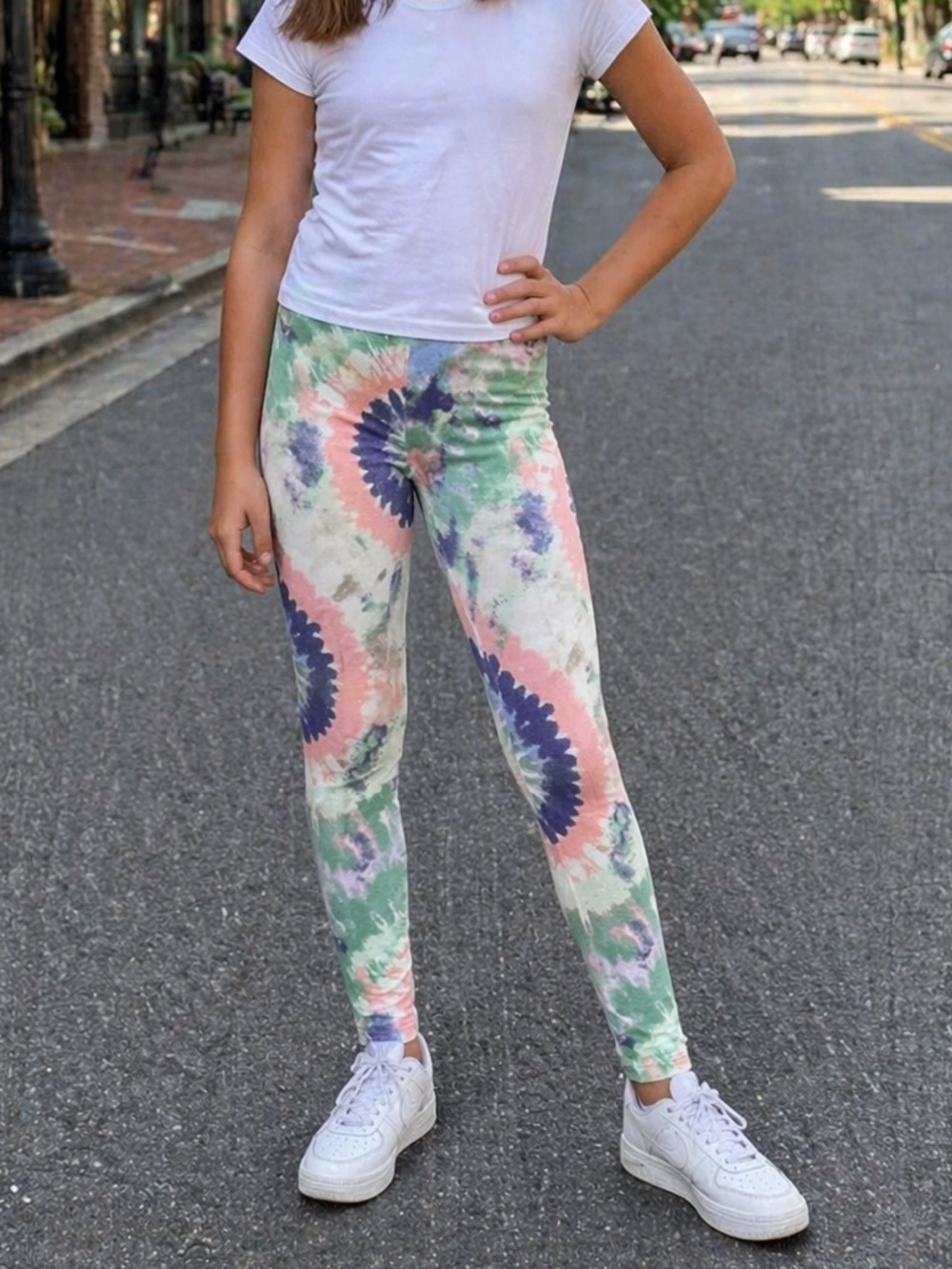 Art Class Pastel Tie-Dye Mid Elastic Waist Leggings Pants Pink Green Stretch 12